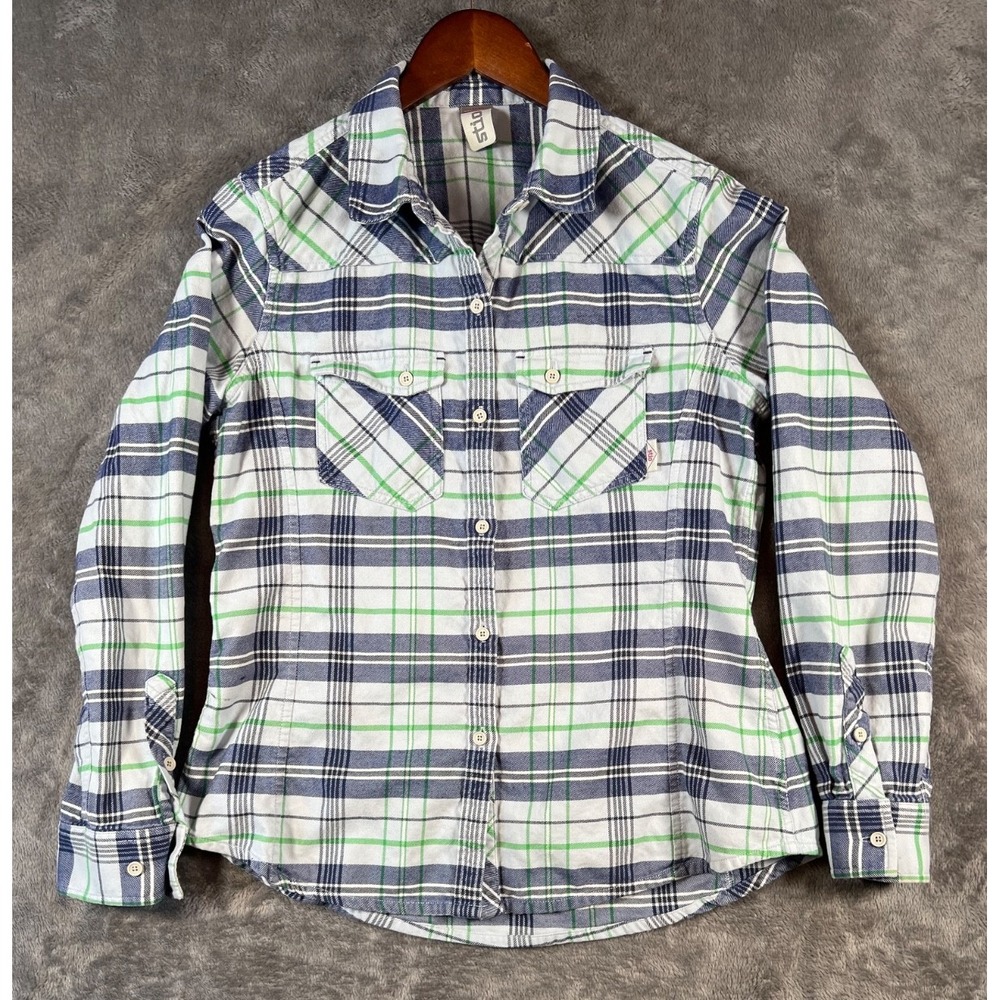 STIO Flannel Shirt Womens Large Gray Plaid Long Sleeve Outdoors Cabin Pockets